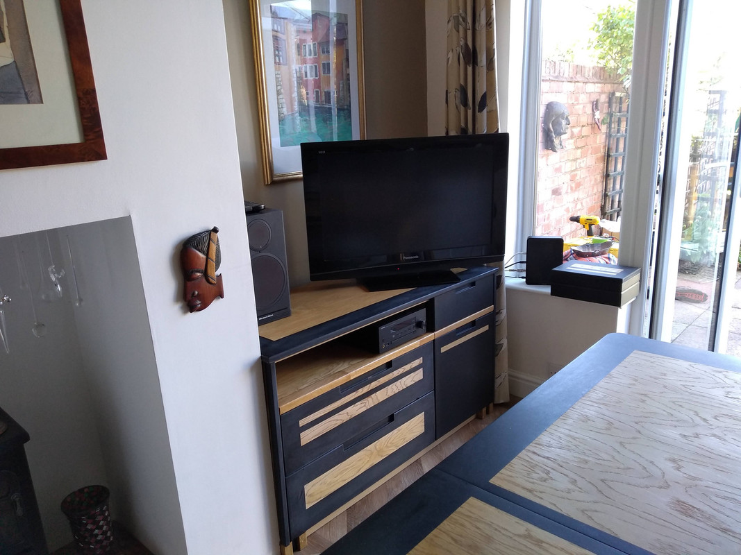 Oak and Valchromat Extending Dining Table and Media Unit